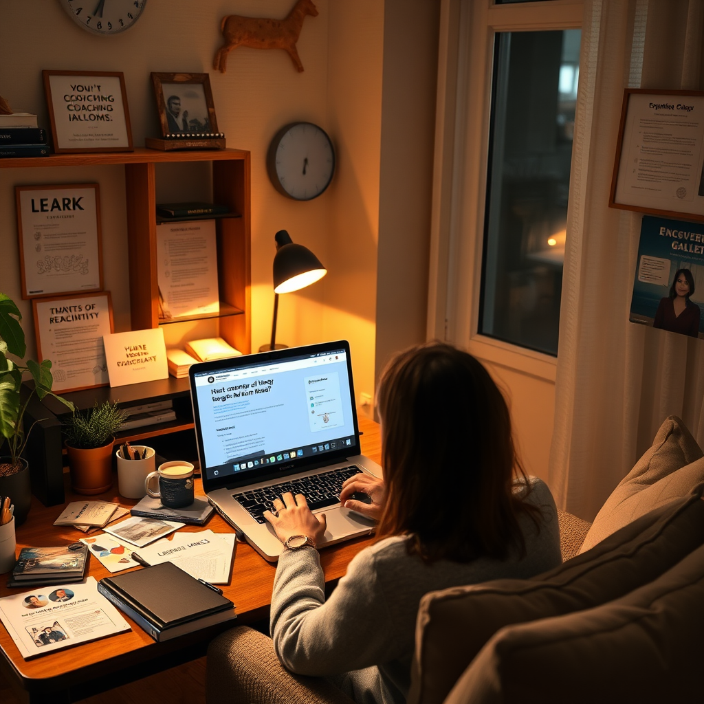 Depict a cozy home office setting where an individual is participating in an online coaching course, surrounded by motivational materials and a laptop screen showing engaging course content. The lighting should be soft yet focused, creating a comfortable learning atmosphere. Utilize a warm color palette to evoke comfort and inspiration. Capture the essence of learning at home in stunning detail, ensuring a photorealistic representation.