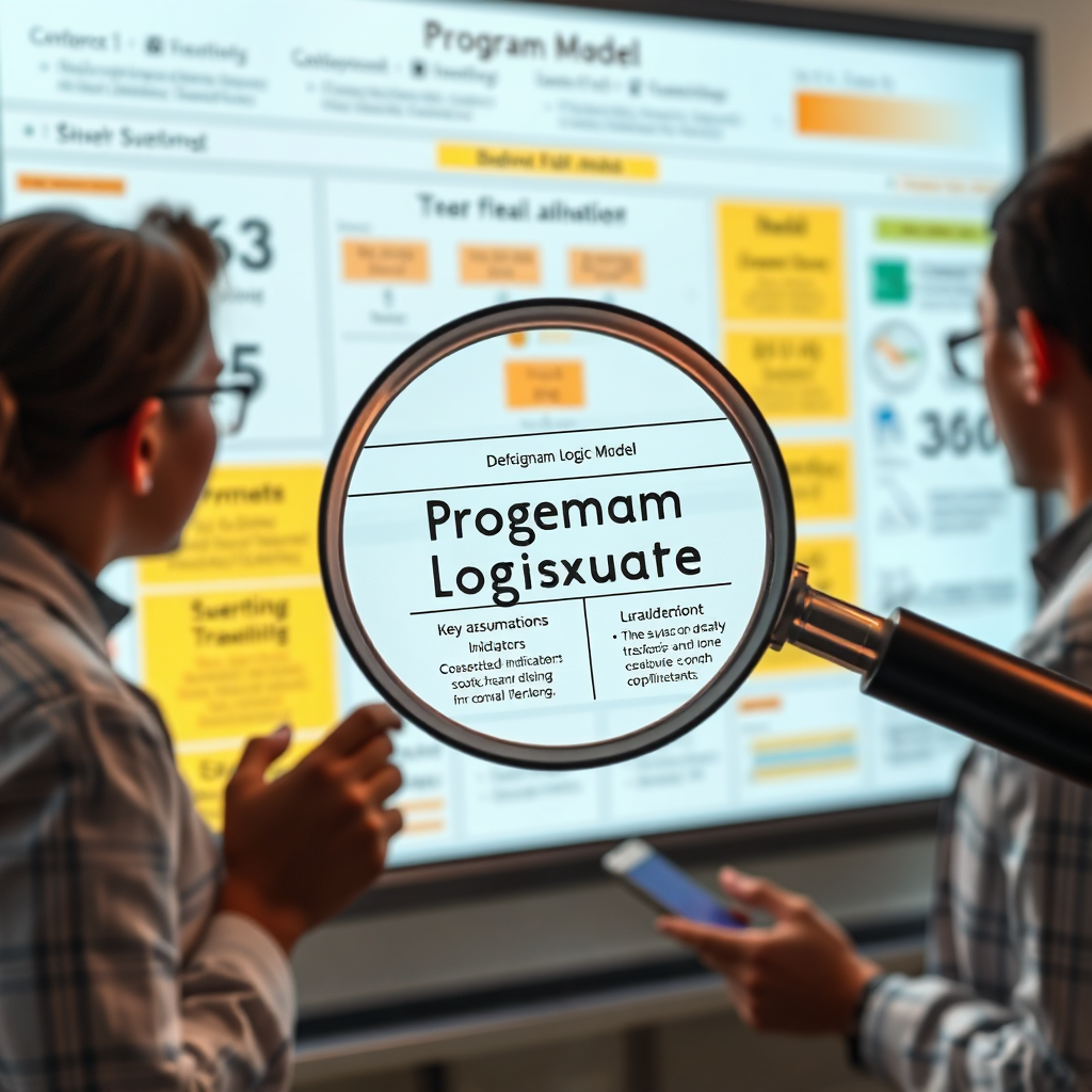 Depict a magnifying glass hovering over a detailed program logic model, highlighting key assumptions and indicators. The logic model is displayed on a large screen or whiteboard, with researchers actively engaged in analyzing and interpreting the data. The overall impression is one of scrutiny, rigor, and commitment to continuous improvement. Style reference: scientific illustration. Technical specs: 4K resolution, photorealistic rendering.