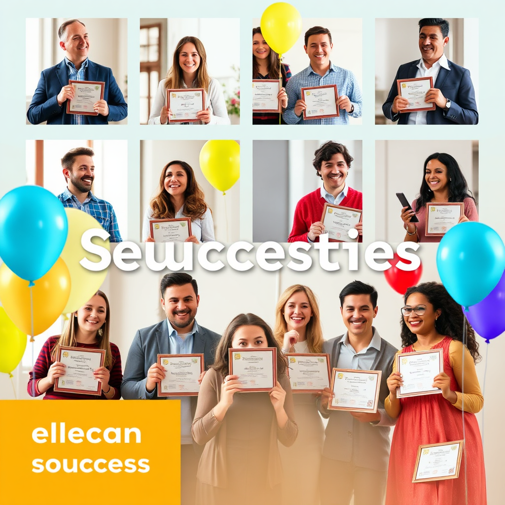 Depict a montage of client success stories where former participants are sharing their achievements in a joyful presentation format. The setting should be bright and celebratory, featuring balloons and awards to reflect their achievements. The imagery should harness vibrant colors and uplifting expressions of pride. Capture the essence of victory and inspiration in crisp, high-resolution quality.