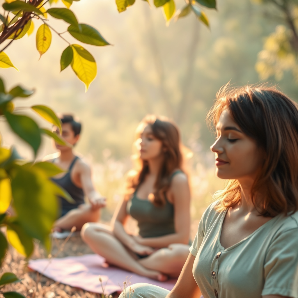 Depict a serene environment where individuals are practicing mindfulness and reflection exercises, surrounded by nature. The scene should evoke tranquility and focus, with soft pastels dominating the color scheme. Capture the intimate details of nature, such as leaves stirring in a gentle breeze, to enhance the holistic theme. Aim for a serene, high-quality image that reflects self-discovery and inner peace.