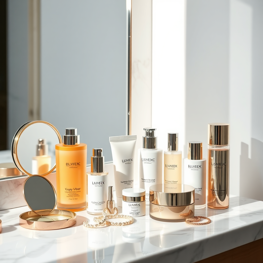 Design a photorealistic image showcasing a collection of essential beauty products arranged aesthetically on a marble countertop. The scene should be elegantly lit, focusing on the clarity and visual appeal of each product. Incorporate delicate props such as mirrors and jewelry for a touch of sophistication, ensuring all textures and colors are clear and inviting. Target high resolution, aiming for 4K quality.