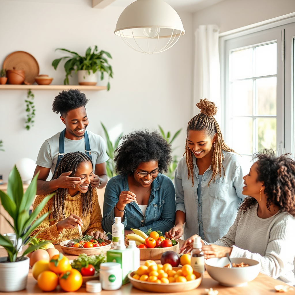 Design a photorealistic image that reflects the core mission of 'Trendz Health and Lifestyle.' The composition should feature a diverse group of individuals practicing self-care, such as preparing healthy meals, applying clean skincare products, and sharing uplifting moments. Utilize natural lighting with a bright and vibrant color palette that conveys freshness and vitality. The environment should be homey and inviting, with relevant props like fruits, skincare products, and plants. Capture the textures of the natural materials used and the authentic smiles of the individuals. The image should be 4K resolution, maintaining high quality to exemplify empowerment and inner growth.