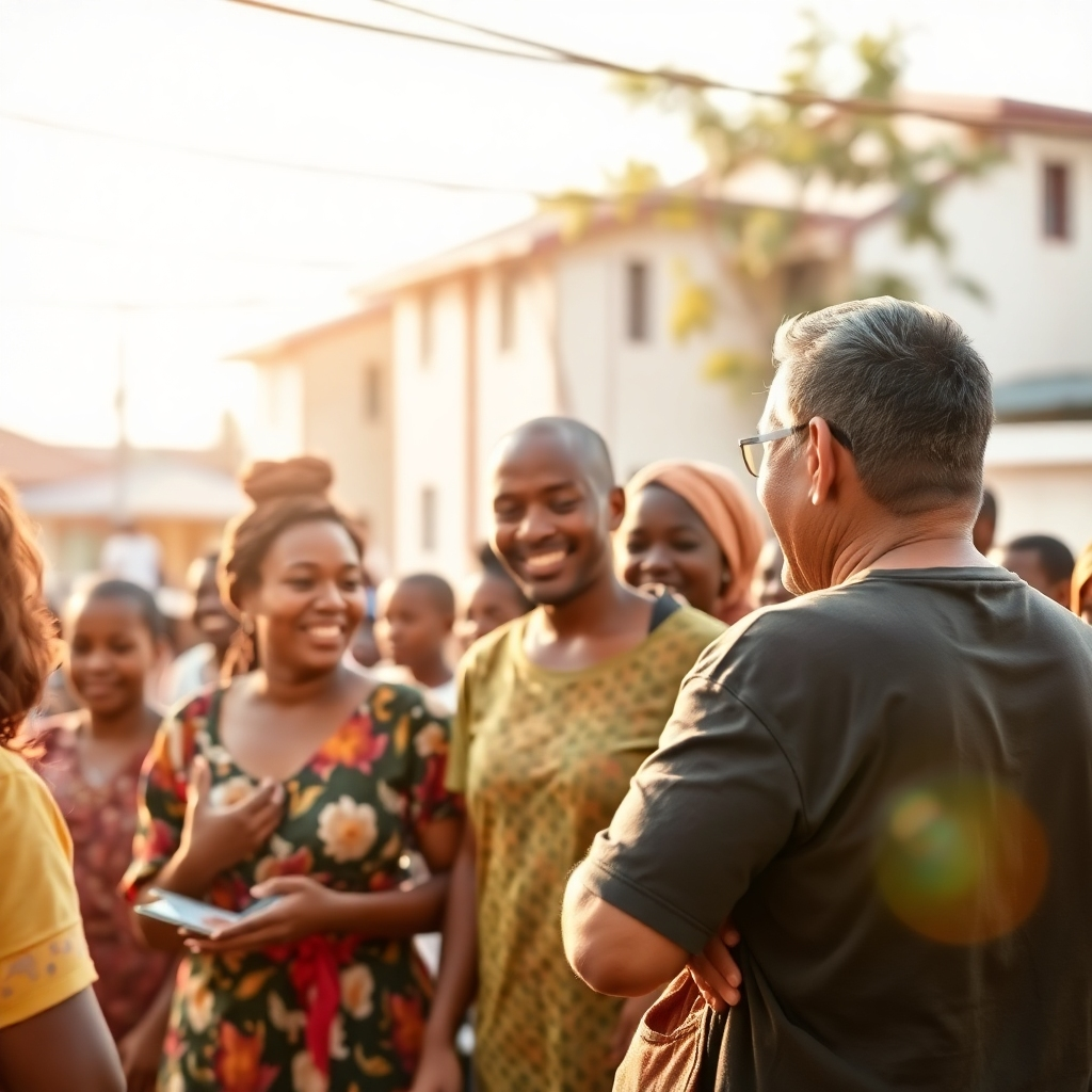 Generate a photorealistic image of a thriving community development project, showcasing the positive impact on the lives of the residents. The image should focus on vibrant community interaction, highlighting the success of the project and its positive contributions to the community.  The lighting should be warm and inviting, reflecting the inclusive nature of the project. The color palette should primarily consist of earthy tones, reflecting the natural environment, with bright accents representing vibrancy and progress.  The camera angle should provide a broad view of the project, showcasing its scale and reach. The textures should be highly realistic, showing the texture of materials and the human element.  The style should be photojournalistic, capturing the authentic experience of community development. The image should be in high-quality, 4K resolution.