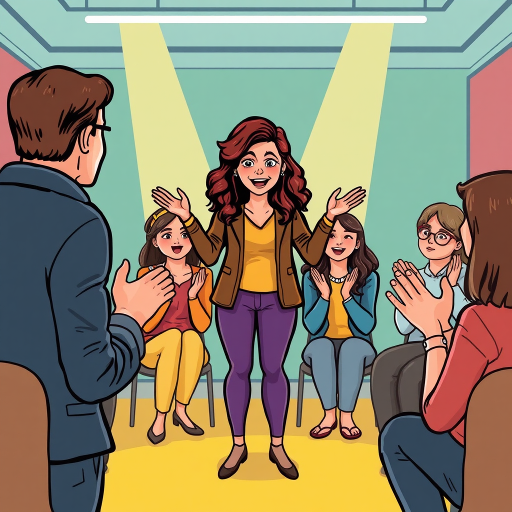 Illustrate a coaching session where a life coach leads a theatrical confidence-building exercise involving role-playing. The environment should be lively and energetic, filled with applause and encouragement from peers. Use a vibrant color palette that inspires excitement and assertiveness. Capture the enthusiasm in participants as they embrace new challenges, ensuring a photorealistic finish that highlights the transformative experience.