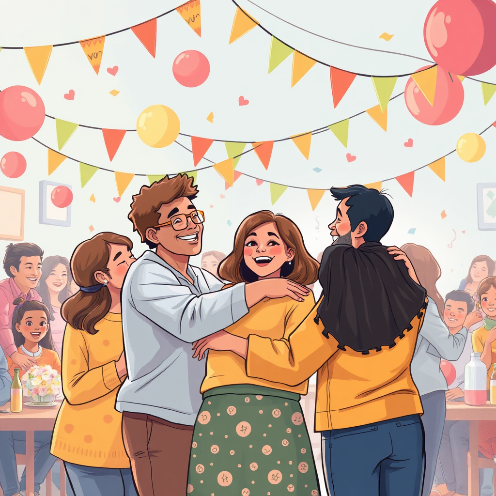 Illustrate a community celebration event showcasing individuals who have achieved their life goals, surrounded by friends and family. The image should capture a festive atmosphere with decorations, laughter, and hugs. Highlight the joy and connections among participants as they share their journeys. Use vivid colors and heartfelt expressions to create a touching visual narrative, ensuring a photorealistic rendering.