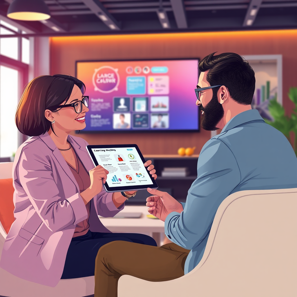 Illustrate a session where a coach uses technology like a tablet or digital screen to showcase personalized strategies and action plans for a client. The ambience should be modern and inspiring, with a vibrant background echoing success. Use vivid colors and dynamic compositions to reflect innovation in coaching. The image is to be rendered in high-quality detail, ensuring a lifelike representation that encourages a spirit of growth.