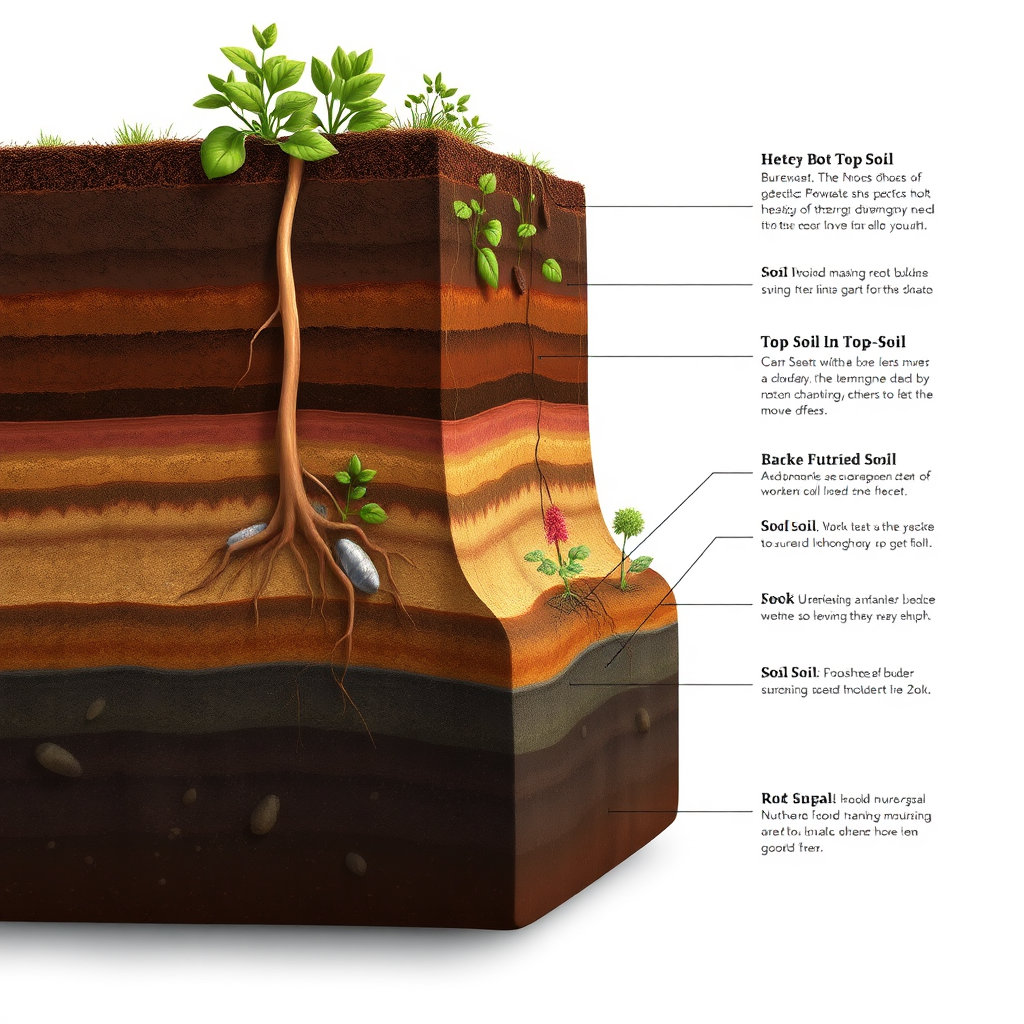 Photorealistic image depicting a cross-section of soil, showcasing the various layers from topsoil to bedrock. Include detailed illustrations of root systems, microorganisms, and nutrient flows. The lighting should highlight the different textures and colors of each layer. Style: educational illustration meets photorealism.