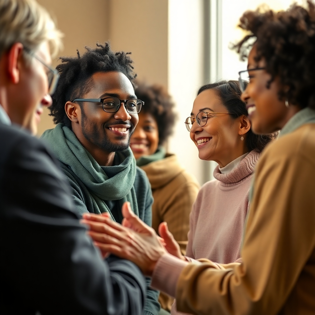 Photorealistic image depicting individuals from marginalized groups receiving support and guidance, focusing on expressions of hope and empowerment.  Warm, compassionate lighting. 4K resolution.