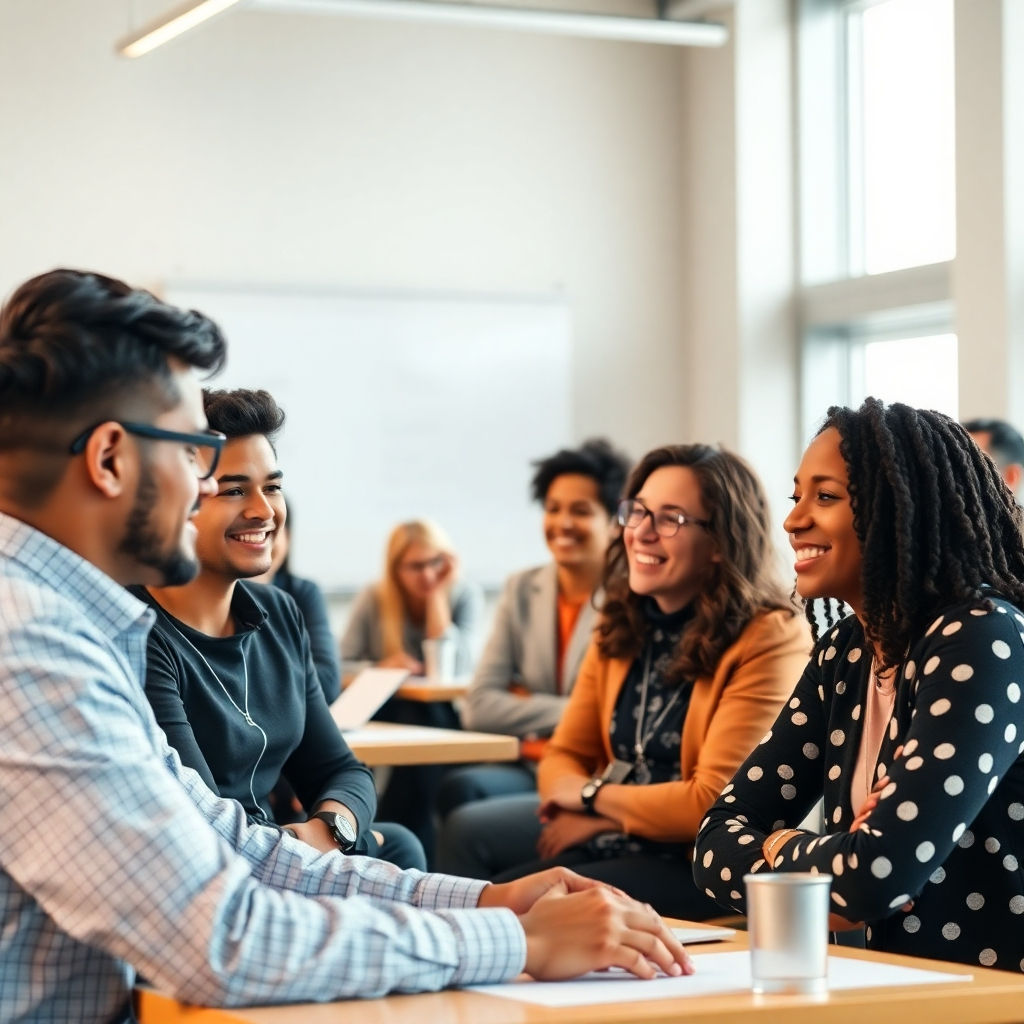 Photorealistic image of a diverse group of people participating in a workshop or training session, with a focus on positive interaction and engagement. Bright, inspiring lighting. 4K resolution.