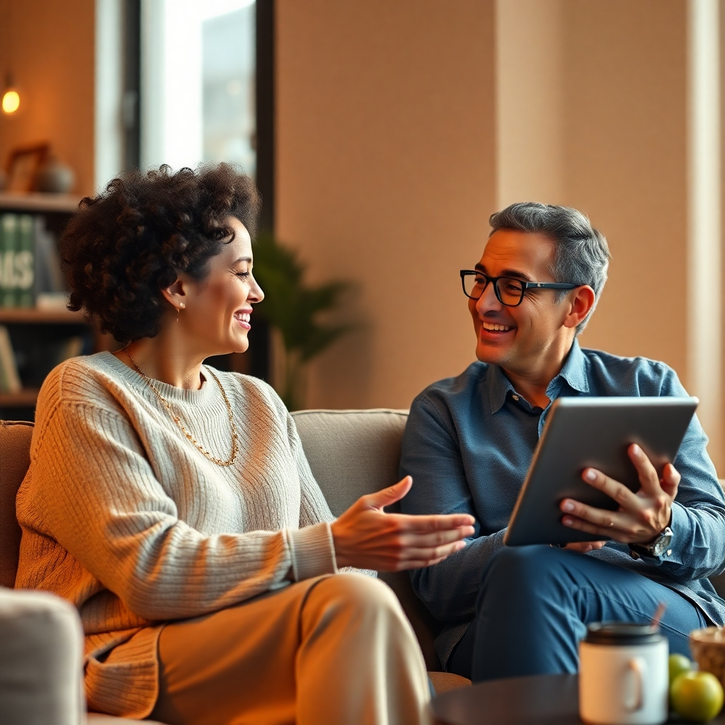 Photorealistic image of a mentor and mentee engaged in a supportive conversation using an AI-powered platform. Warm lighting, comfortable setting, focus on positive body language. High-quality, 4K resolution.