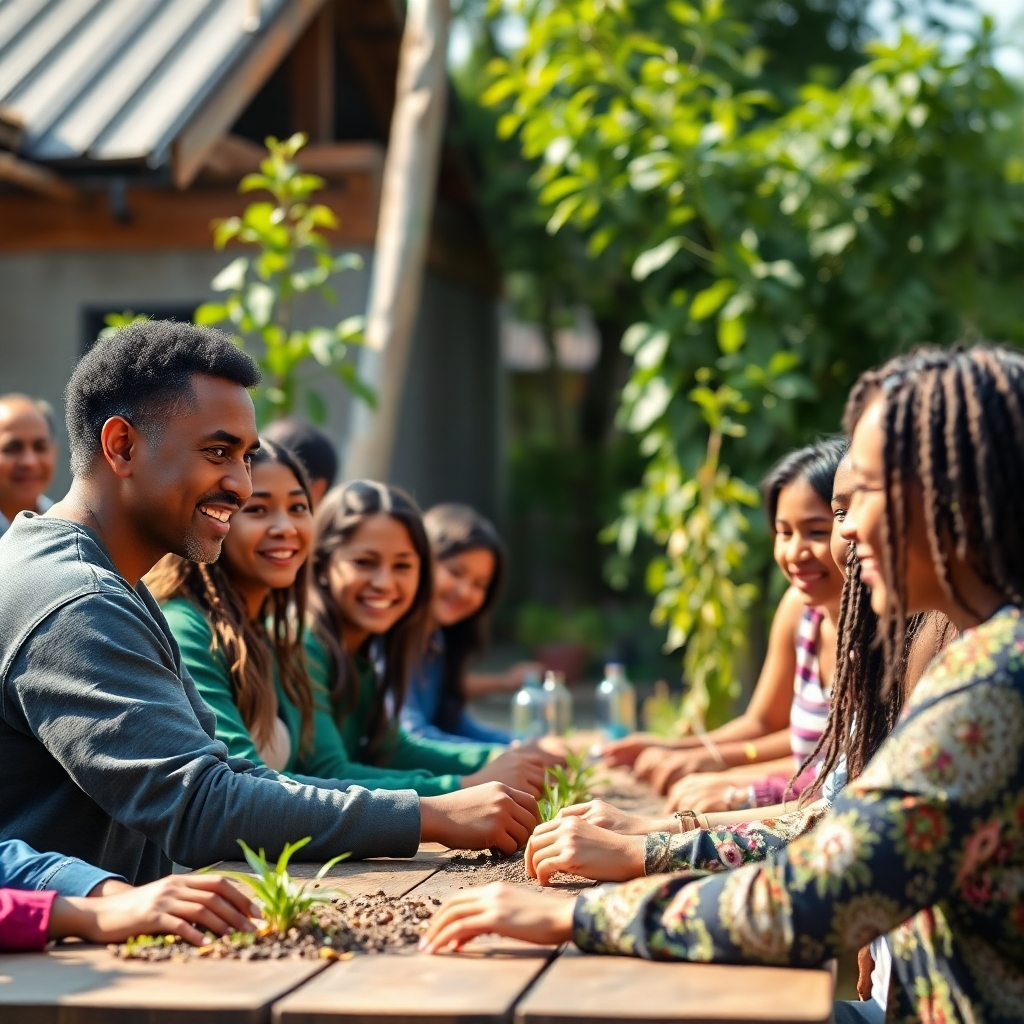 Photorealistic image of a thriving community project, with people engaged and happy.  Focus on the positive outcomes and sustainable infrastructure.  4K resolution.