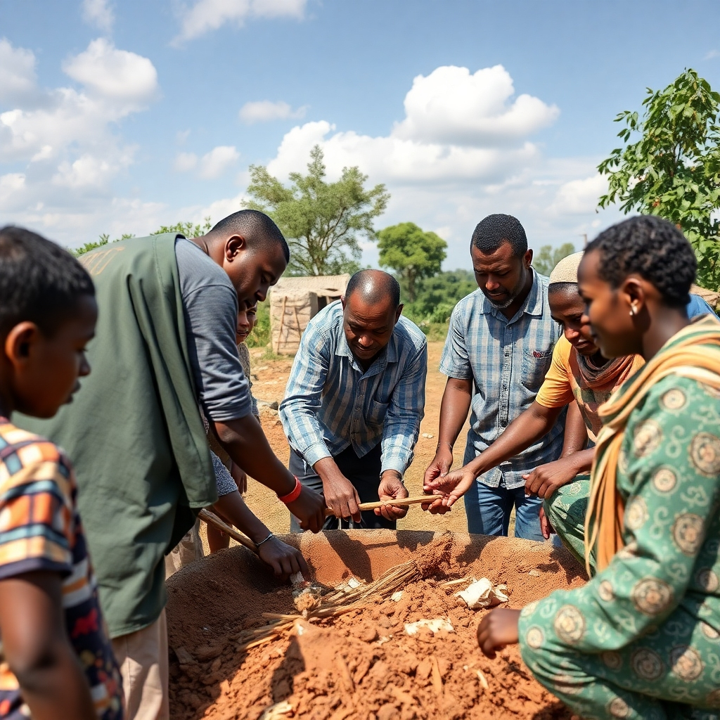 Photorealistic image of community members actively participating in a development project.  Focus on teamwork and collaboration. 4K resolution.