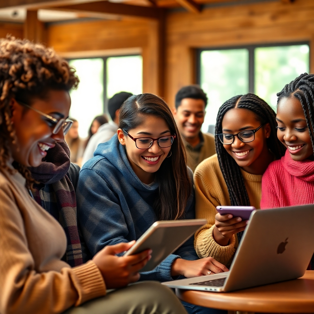 Photorealistic image of diverse individuals using AI-powered educational apps on tablets and laptops. Warm lighting, natural setting (community center perhaps), focus on expressions of engagement and excitement. High-quality, 4K resolution.
