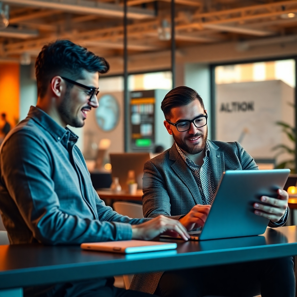 Photorealistic image of entrepreneurs using AI-powered business tools to manage their businesses, showcasing innovation and growth. Warm lighting, modern office setting. High-quality, 4K resolution.