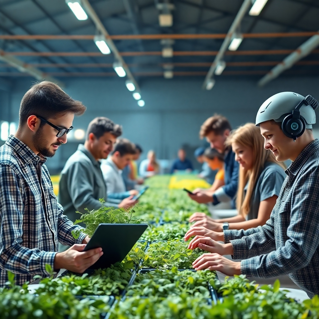 Photorealistic image showcasing diverse individuals working in various sectors (tech, agriculture, etc.), utilizing AI tools to enhance productivity and efficiency. Bright, hopeful lighting, focus on collaboration. 4K resolution.