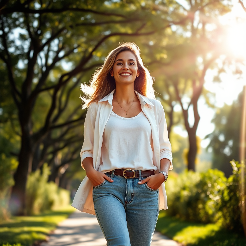 Present a dynamic image showing a person confidently walking in a vibrant outdoor environment, wearing stylish yet comfortable fashion. Capture the essence of empowerment with sunlight filtering through trees, creating an uplifting ambiance. The individual's expression should radiate confidence and joy, while the composition can integrate eco-friendly fashion elements. Ensure high quality at 4K resolution, capturing all details with clarity.