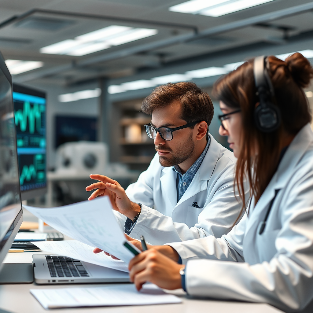 Researchers analyzing data and developing insights. The scene should convey a sense of intellectual curiosity and analytical rigor. Technical specs: 4K resolution, photorealistic rendering.