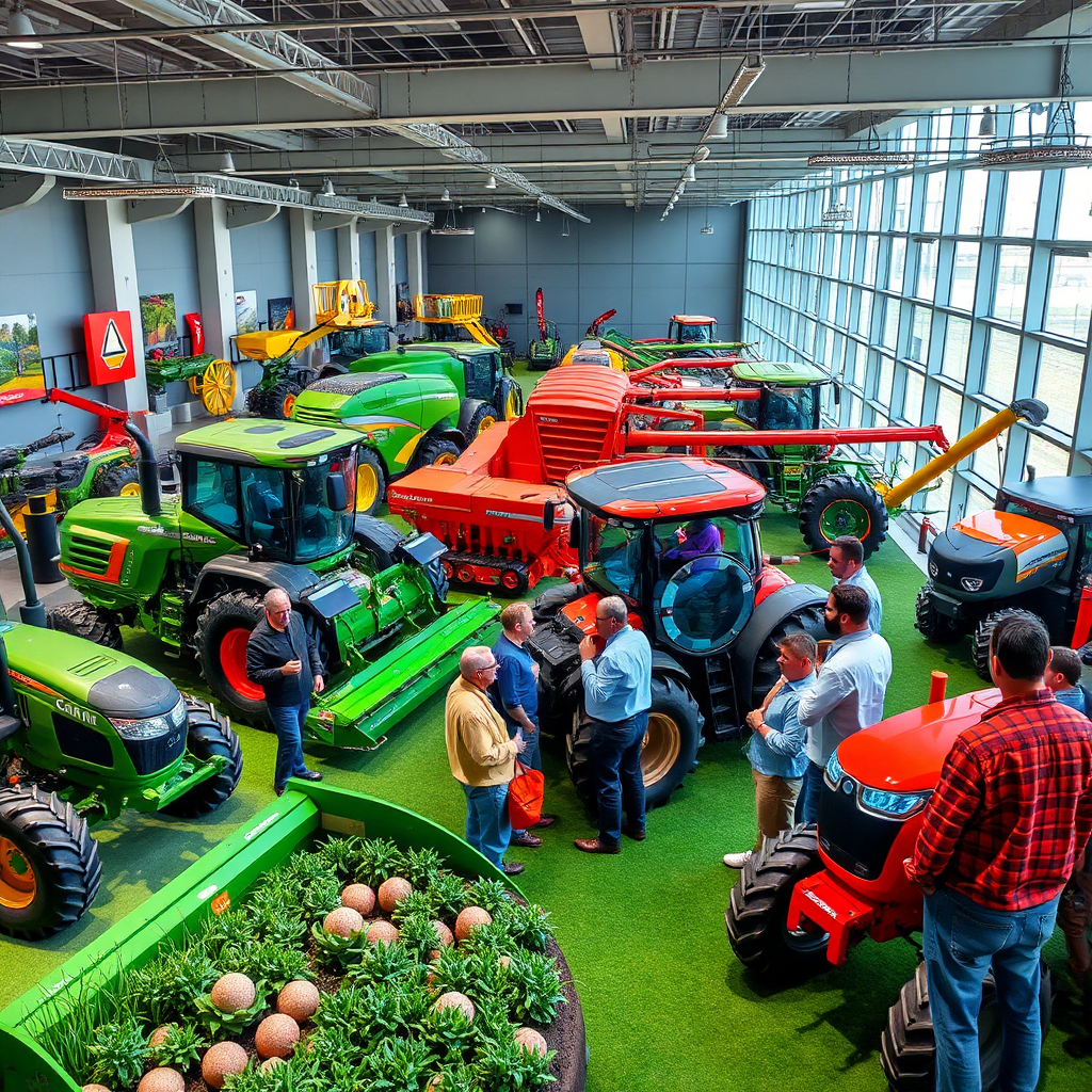 Showcase a modern agricultural equipment showroom, with farmers observing various high-tech tractors, harvesters, and other farm tools. Style: futuristic agricultural equipment exposition.