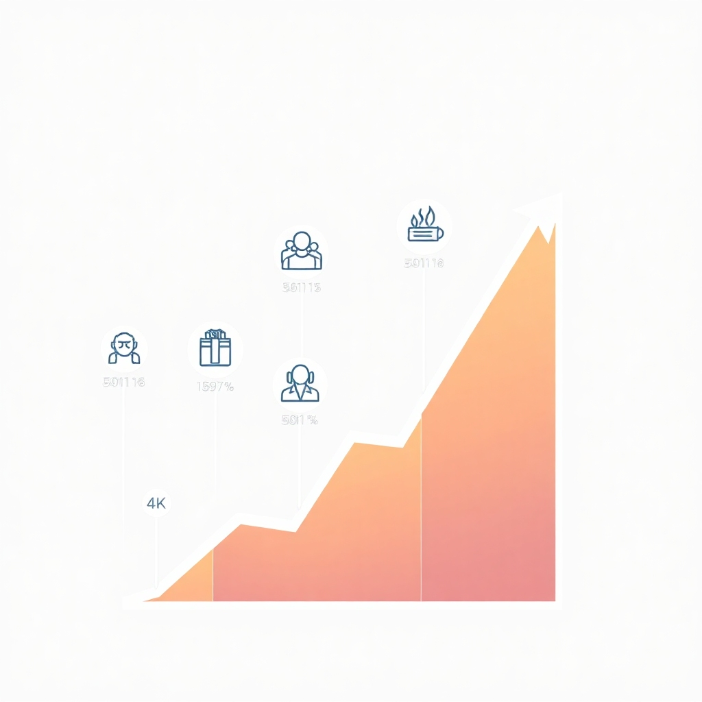 Stylized image representing an upward-trending graph with icons representing various skills integrated into it. Bright colors, clear visualization of growth. 4K resolution.