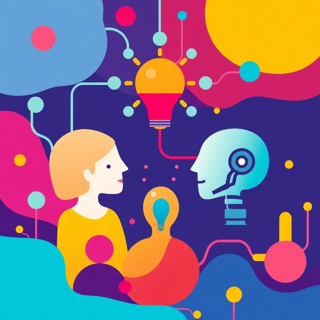 Stylized image showing interconnected elements representing community development, personal growth, and AI working together to uplift a community. Vibrant colors, dynamic composition. 4K resolution.