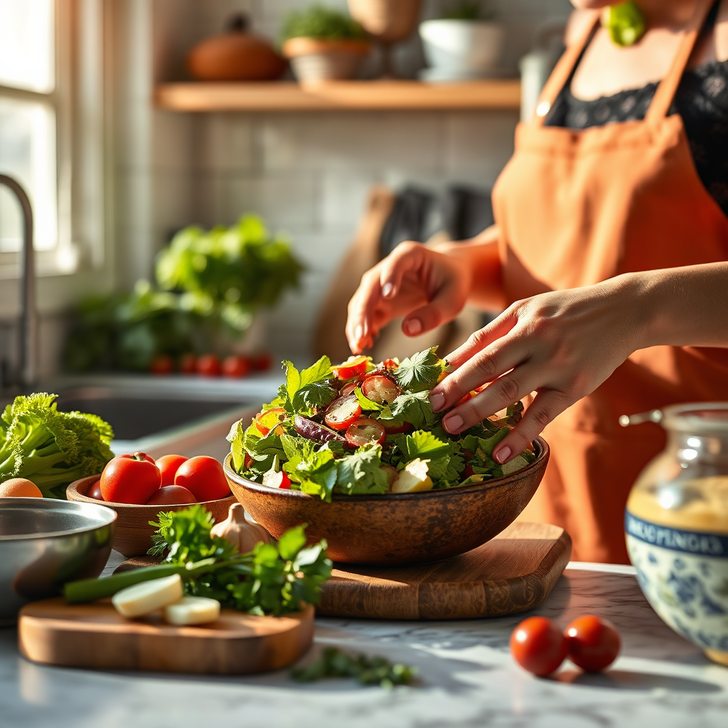 Visualize a bright kitchen scene where an individual is crafting a visually stunning salad with a variety of colorful ingredients. The composition should capture the beauty of fresh produce, spices, and the joyful nature of cooking. Use vibrant, natural lighting and textures to evoke freshness and vitality, including elements such as a wooden cutting board and artisan bowls. This image should be photorealistic with a quality of at least 4K.