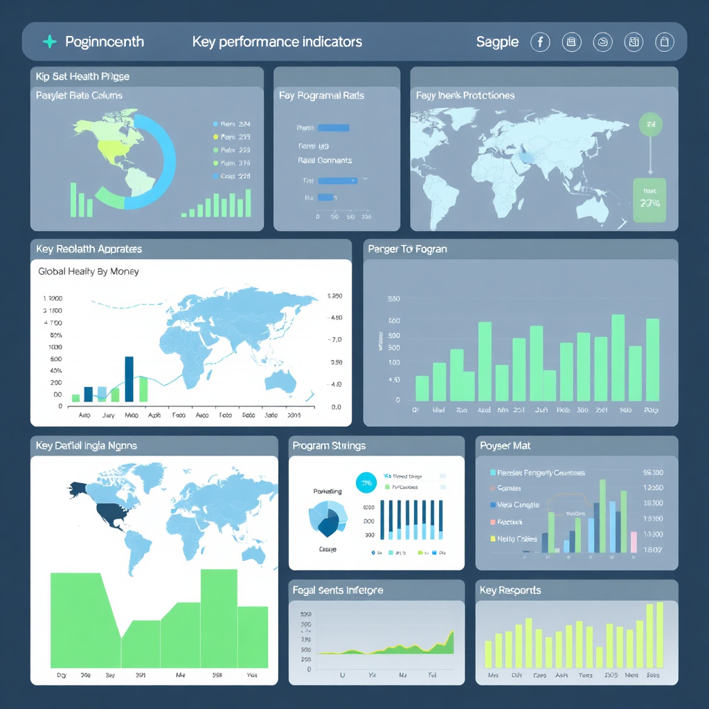 Visualize a clean, modern dashboard interface displaying key performance indicators (KPIs) for a global health program. The dashboard features interactive charts, graphs, and maps, highlighting trends and patterns in program data. The color scheme is professional and data-focused, with shades of blue, green, and gray dominating. The interface is user-friendly and intuitive, allowing users to easily drill down into specific data points. The overall impression is one of clarity, transparency, and actionable insights. Technical specs: 4K resolution, photorealistic rendering.