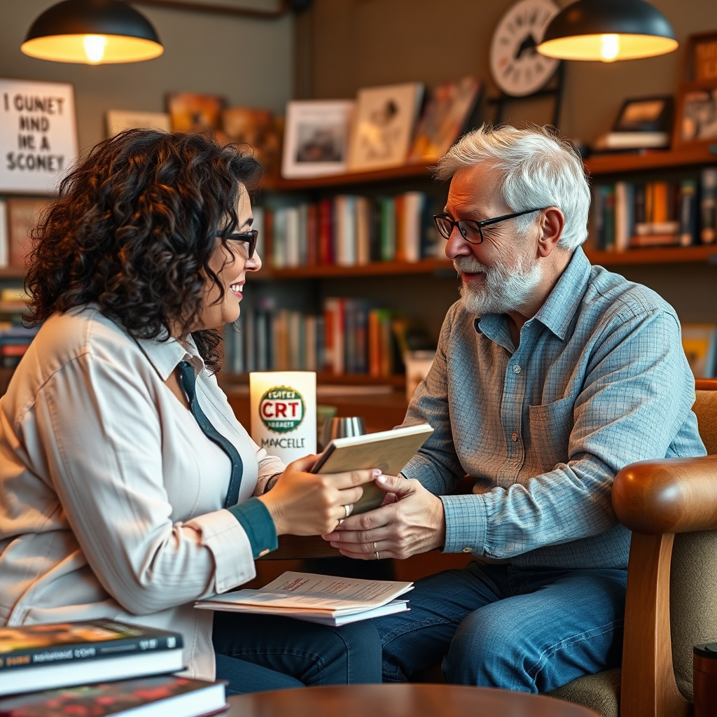 Visualize a former client mentoring a newer participant, passing on knowledge and sharing experiences in a cozy coffee shop setting. Use warm lighting to create an inviting atmosphere filled with books and motivational materials. Focus on the meaningful exchange of ideas and stories while showcasing their growth journey. Ensure the image is rich in detail and high quality to evoke a sense of continuity and support.