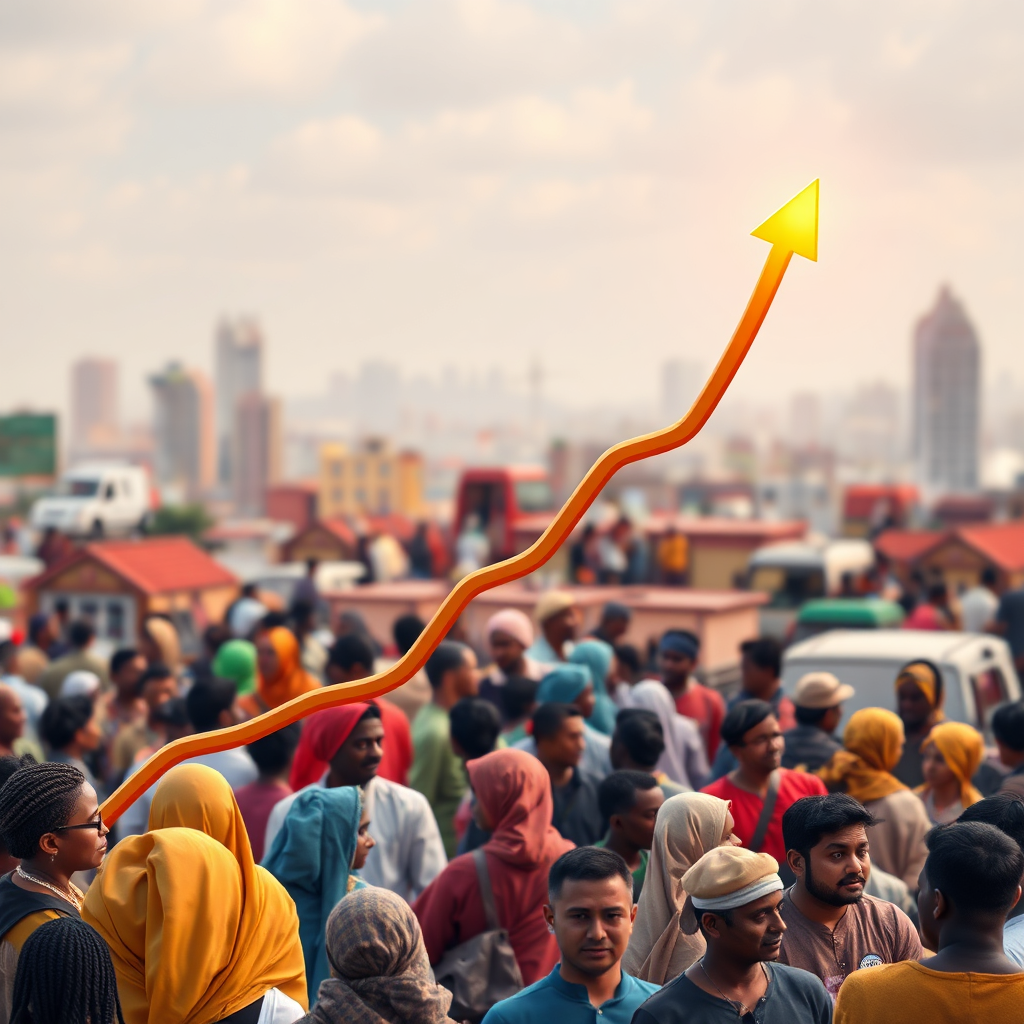 Visualize a graph trending upwards against a backdrop of diverse communities, symbolizing positive change driven by research. The graph should be vibrant and eye-catching, clearly demonstrating the impact of data-driven strategies. Technical specs: 4K resolution, stylized rendering.