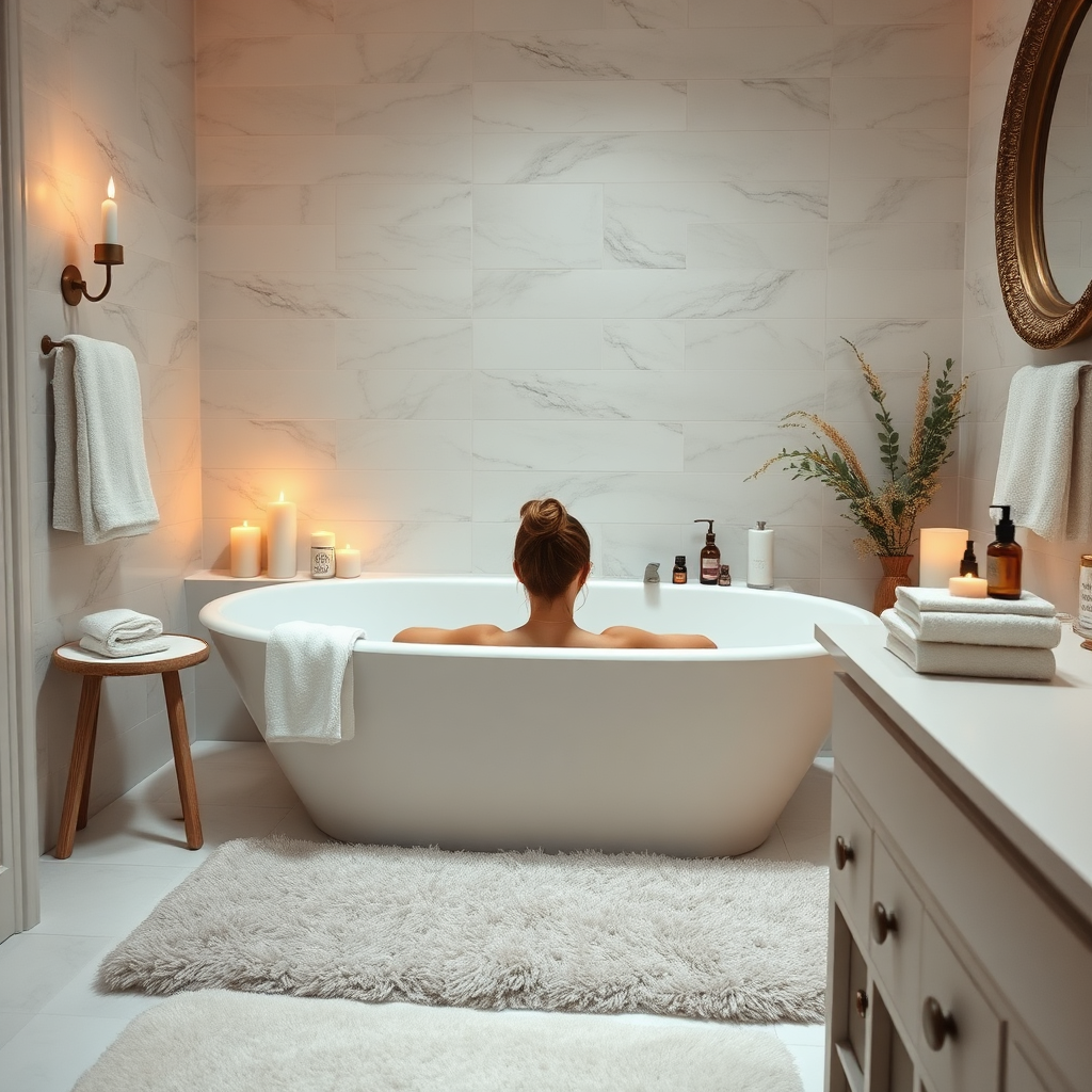 Visualize a serene bathroom scene where a person enjoys a calming bath surrounded by candles and essential oils. The composition should showcase soft, diffused lighting to create a tranquil atmosphere, with rich textures from bath towels and a plush rug. The color palette should consist of soft whites and pastels to evoke relaxation. Include props like bath bombs and a stack of inspirational books on the vanity for added context. Ensure the image is high-quality at 4K resolution.