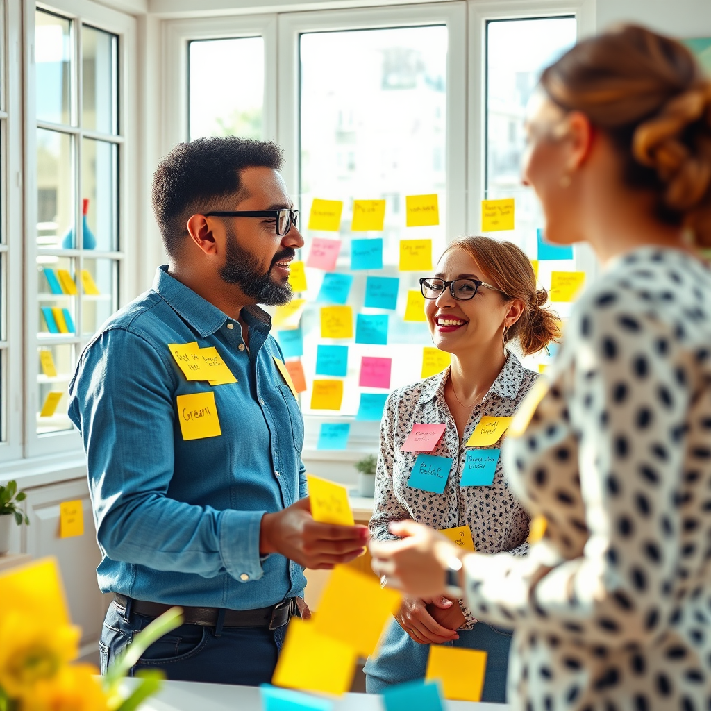 Visualize a vibrant scene where a life coach is guiding a client through a brainstorming session filled with colorful post-it notes outlining dreams and goals. The composition should include a bright, uplifting room with ample sunlight, showcasing the dynamic interaction between the coach and client. Focus on the expressions of enthusiasm and determination. The energy should resonate through a cheerful color palette of blues and yellows. Aim for a high-resolution, photorealistic finish that captures the excitement of empowerment.