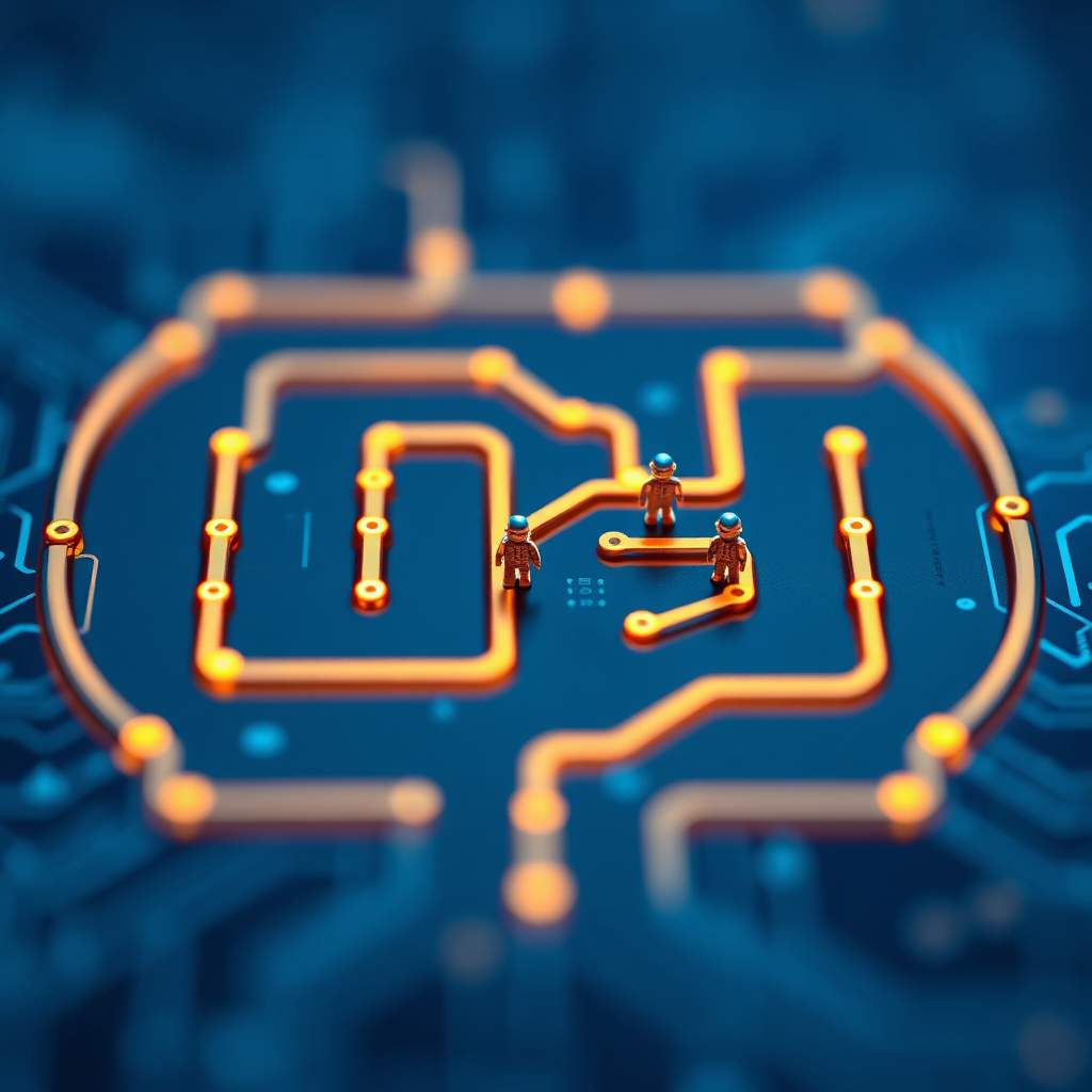 A 4K, high-quality image depicting a stylized, glowing circuit board shaped like a maze. Miniature digital figures navigate the maze, representing data packets. The background is a deep blue, symbolizing the digital realm. Use a shallow depth of field to focus on the maze and figures, blurring the background. Lighting should be soft and diffused, creating a sense of depth and intrigue. The style should be modern and clean, with a touch of futuristic flair. Evoke a sense of challenge and strategic problem-solving.
