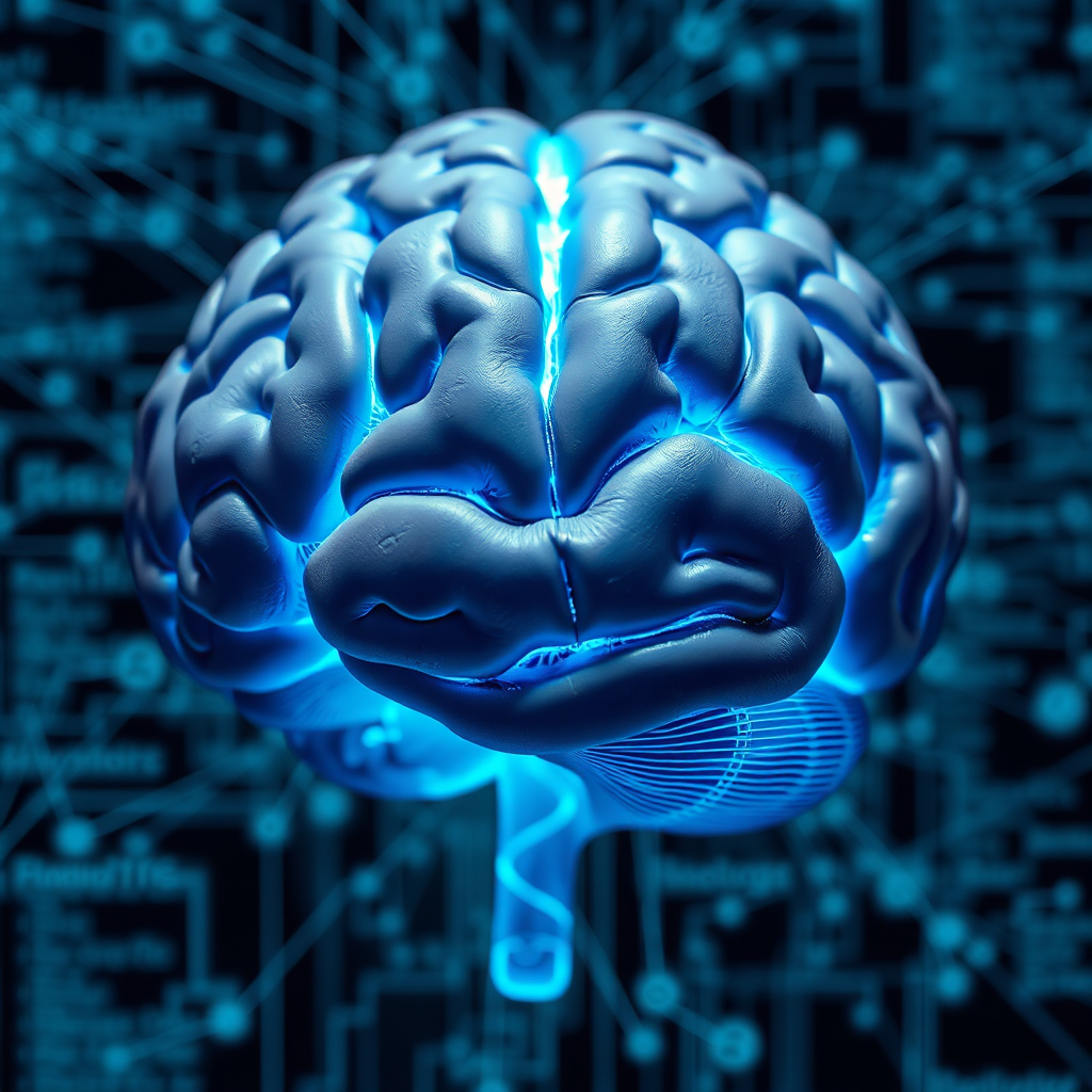A close-up, stylized image of a human brain overlaid with complex network diagrams and lines of code. The brain glows with a blue light, representing intelligence and analytical thinking. The image should evoke a sense of curiosity and problem-solving.