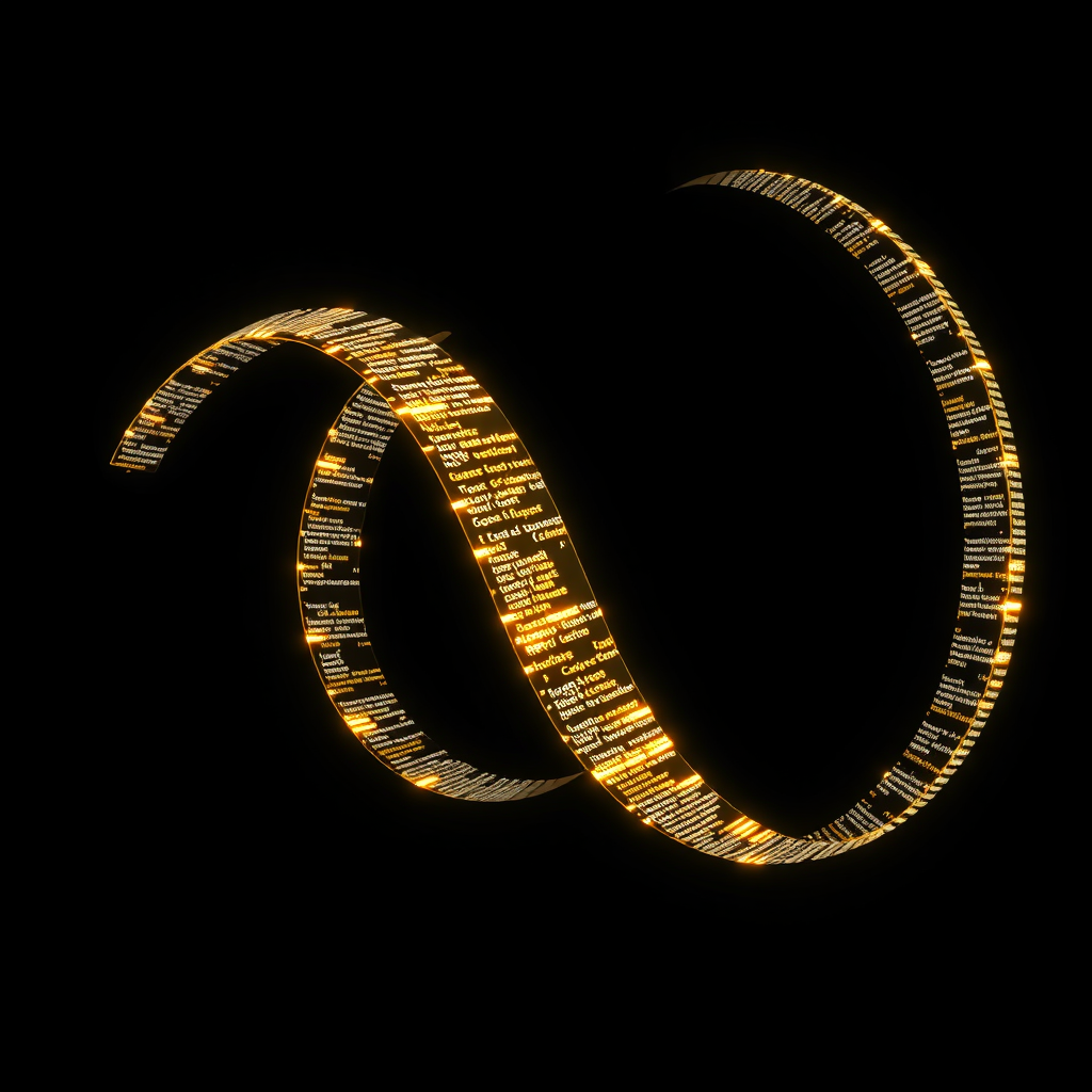 A never-ending Mobius strip made of glowing code, looping back on itself. The code is constantly evolving and changing, symbolizing continuous improvement and adaptation. The background should be dark, emphasizing the brilliance of the code.