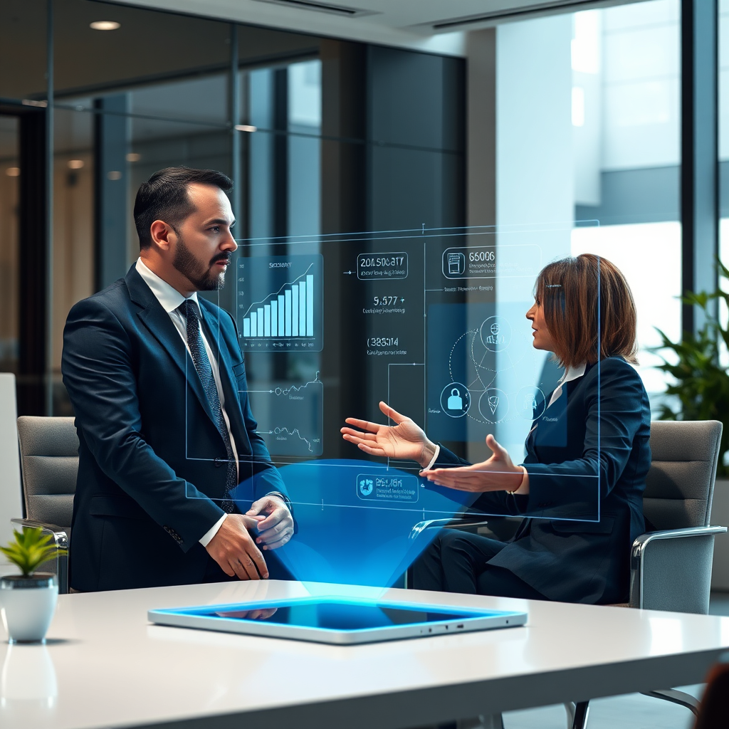 A photorealistic image of a consultant advising a client in a modern office setting. A holographic display shows security metrics and network diagrams. The scene should evoke a sense of professionalism and expertise.