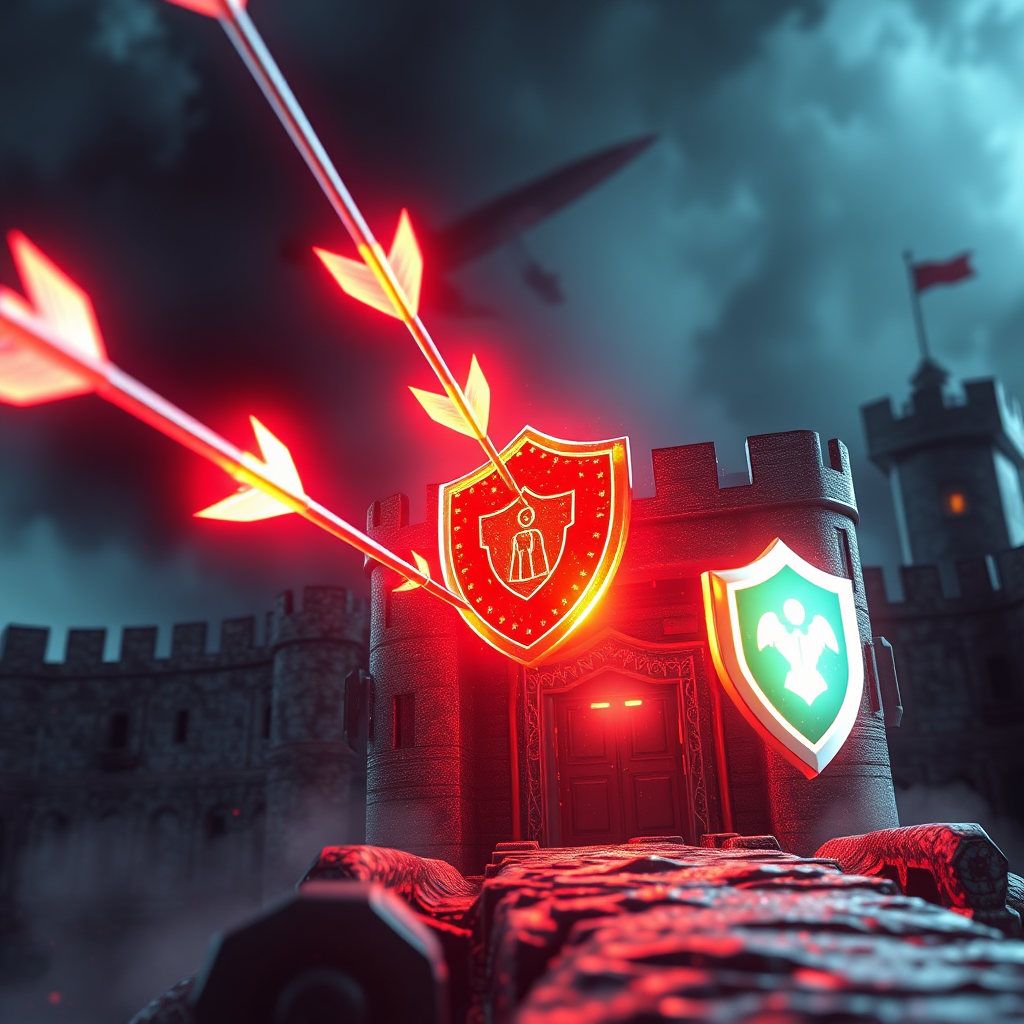 A photorealistic image of a digital fortress under siege. Bright digital arrows representing attacks are deflected by a glowing shield. The fortress is detailed with intricate security features. Lighting should be dramatic, highlighting the conflict between attack and defense. Use a close-up shot to emphasize the intensity of the moment.