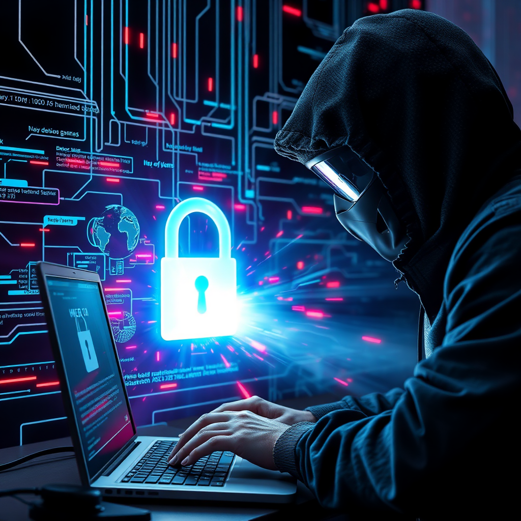 A photorealistic image of a hacker attempting to breach a digital firewall. The hacker's tools are visible, and the firewall is reacting to the attack. The scene should be dynamic and visually engaging, conveying a sense of urgency and conflict.