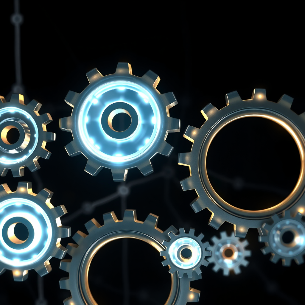 A photorealistic image of a network infrastructure represented by interlocking gears. The gears are made of chrome and glow with internal light. They interlock perfectly, symbolizing a strong and well-coordinated security system. The background is dark, emphasizing the brilliance of the gears.