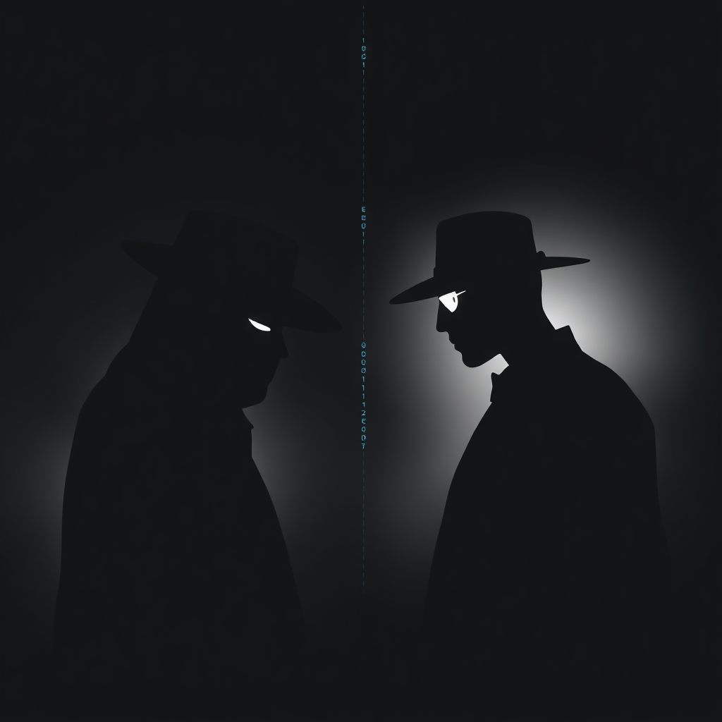 A split image, with one side depicting a dark, ominous figure in a black hat, and the other side depicting a bright, heroic figure in a white hat. The figures are silhouetted against contrasting backgrounds, symbolizing the duality of hacking. A line of code divides the two sides.