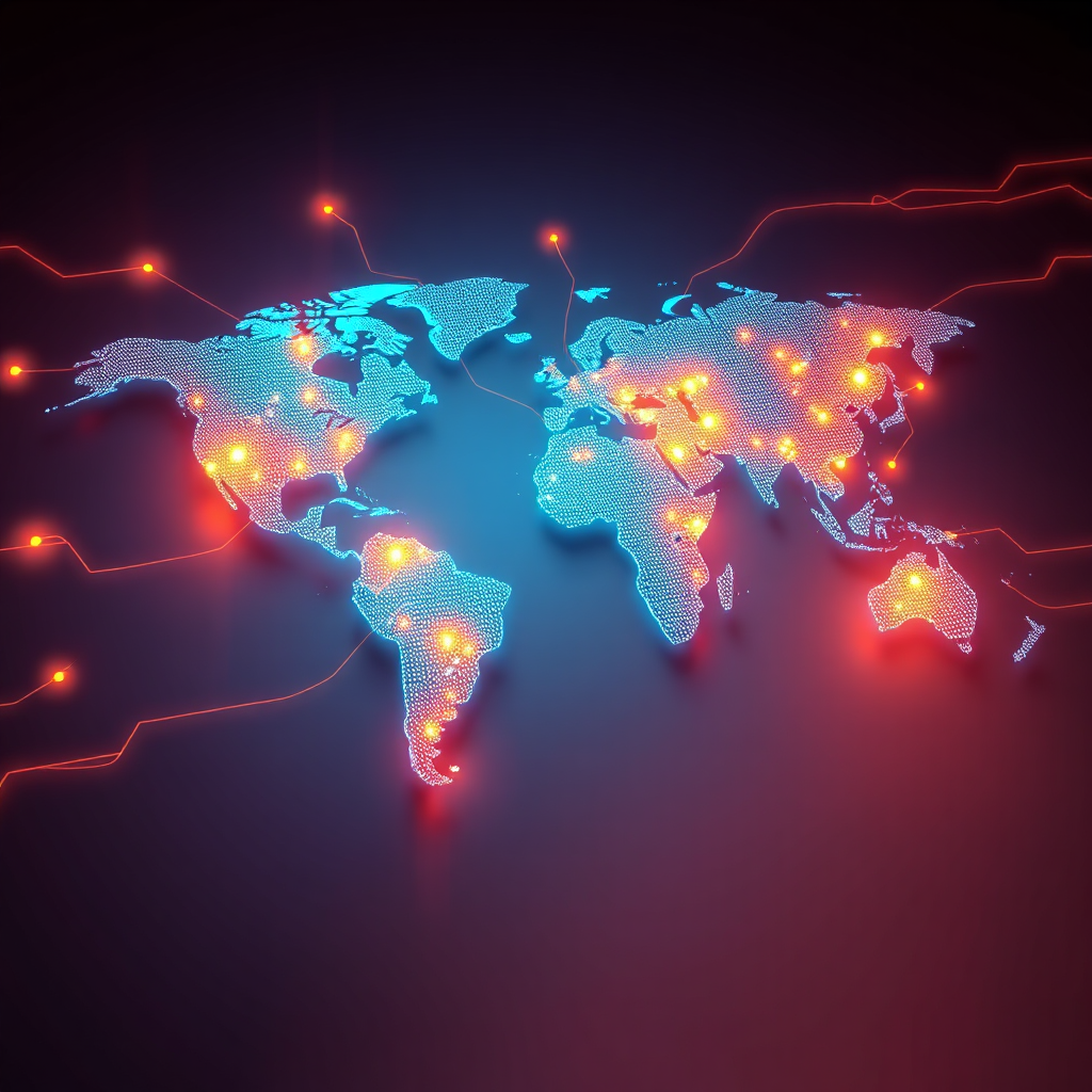 A stylized 3D rendering of a digital world map, with glowing hotspots indicating areas of high cyber threat activity. Data streams flow across the map, connecting different points. The overall aesthetic should be sleek and modern, conveying a sense of global connectivity and risk.