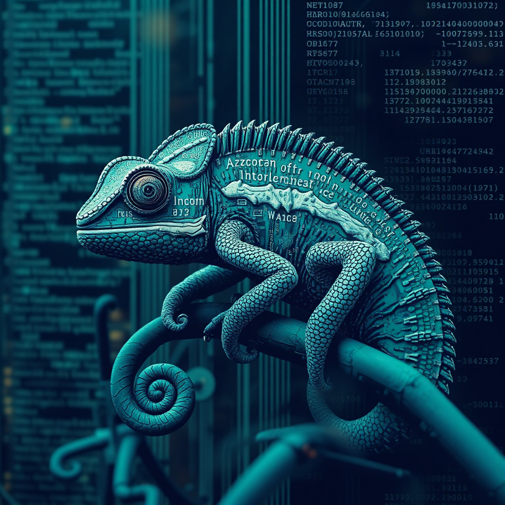 A stylized image of a chameleon blending seamlessly into a digital environment. The chameleon's skin is textured with circuit boards and code. The image should evoke a sense of camouflage and adaptability.