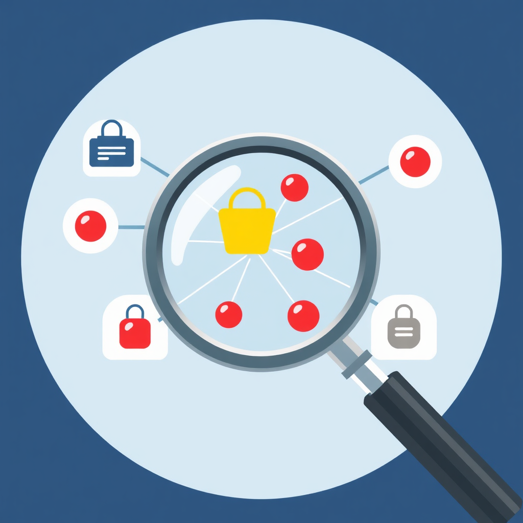 A stylized image of a magnifying glass examining a network diagram. The magnifying glass is highlighting vulnerabilities, represented by red dots. The image should be clean and informative, conveying a sense of thoroughness and attention to detail.