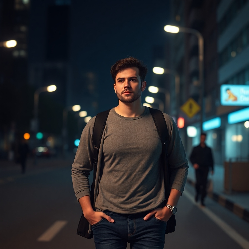 Create a photorealistic image for the 'About Us' section of 'Common Sense Defense'. Depict a person confidently walking alone at night in a city, using situational awareness to prevent harm. The street should be dimly lit but not menacing, with visible streetlights and building lights in the background. Focus on the person's posture and expression, conveying alertness and self-assurance. The color palette should be cool, dominated by blues and grays, with subtle warm highlights. Use a slightly wide camera angle to capture the environment and emphasize the individual's presence within it. The image should communicate the proactive nature of self-defense and the importance of awareness. Style reference: cinematic realism. Technical specs: 4K resolution, high quality, focus on atmospheric lighting.