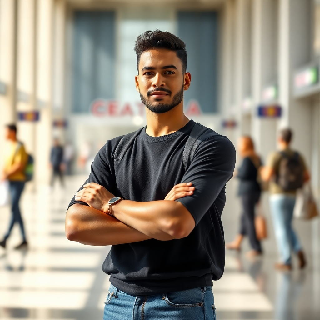 Create a photorealistic image of a person standing tall and confident in a public space. The person should have good posture and a confident expression. The lighting should be bright and natural. The background should be blurred to emphasize the person's presence. The image should convey a sense of strength and self-assurance. Technical specs: 4K resolution, shallow depth of field.
