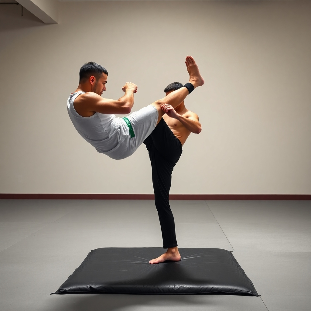 Create a photorealistic image of a person practicing a basic front kick on a padded target. The background should be a simple, uncluttered training space. Focus on the form and technique of the kick, emphasizing power and precision. The lighting should be bright and even, highlighting the muscles and movement. Use a dynamic camera angle to capture the kick at its peak. The image should convey the effectiveness of simple, well-executed techniques. Technical specs: 4K resolution, focus on motion blur.