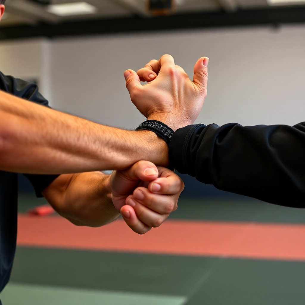 Create a photorealistic image illustrating a wrist-grab escape technique. One person is shown firmly gripping another's wrist, and the defender is demonstrating a technique to break free. The setting is a neutral training environment. Focus on the hands and arms, highlighting the leverage and movement involved. The lighting should be clear and direct. The image should demonstrate practical and effective escape strategy. Technical specs: 4K resolution, high quality detail on hands.