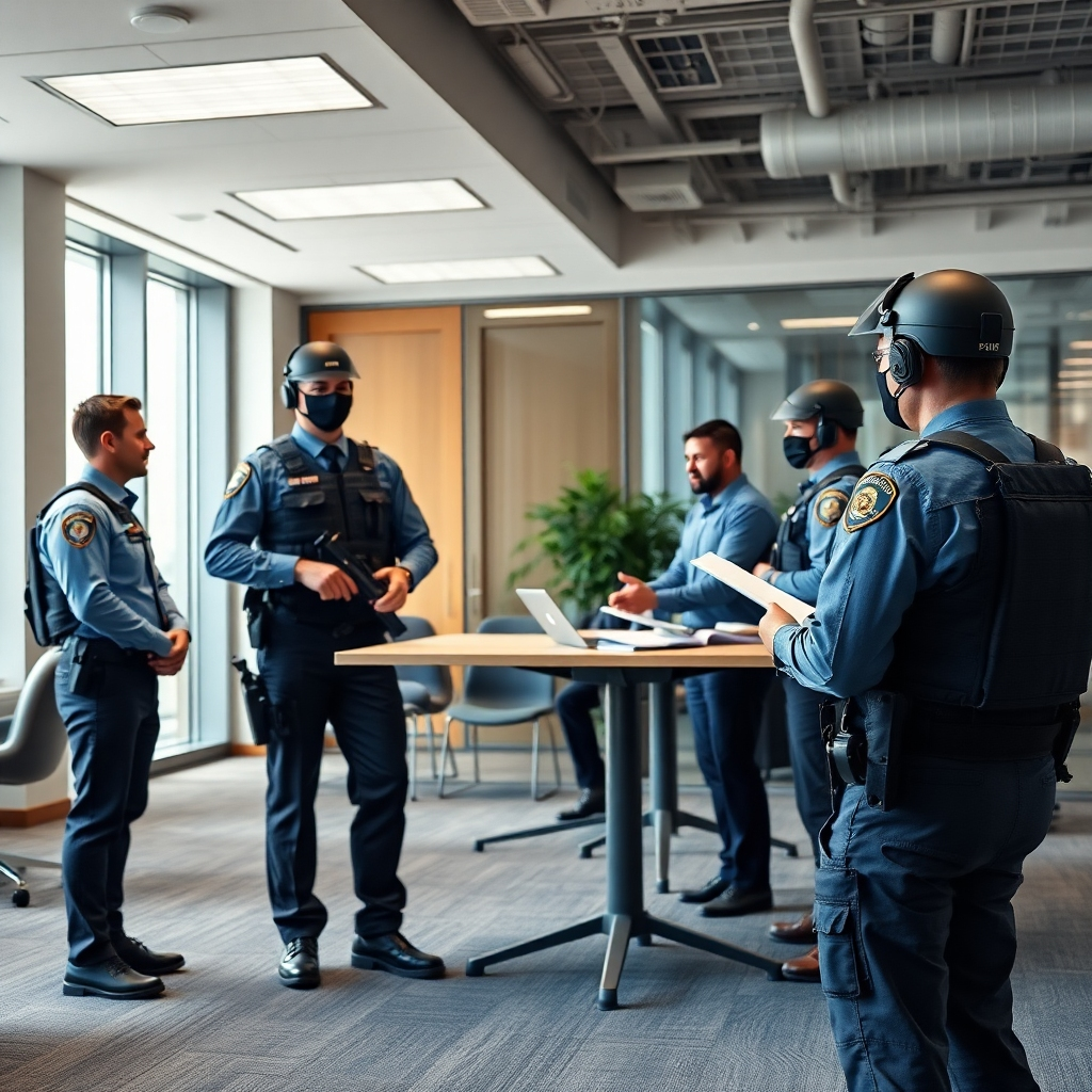 Create a photorealistic image of a corporate security training session. The training should cover topics such as active shooter response and workplace violence prevention. The setting should be a modern office environment. The image should convey a sense of professionalism and preparedness. Technical specs: 4K resolution.