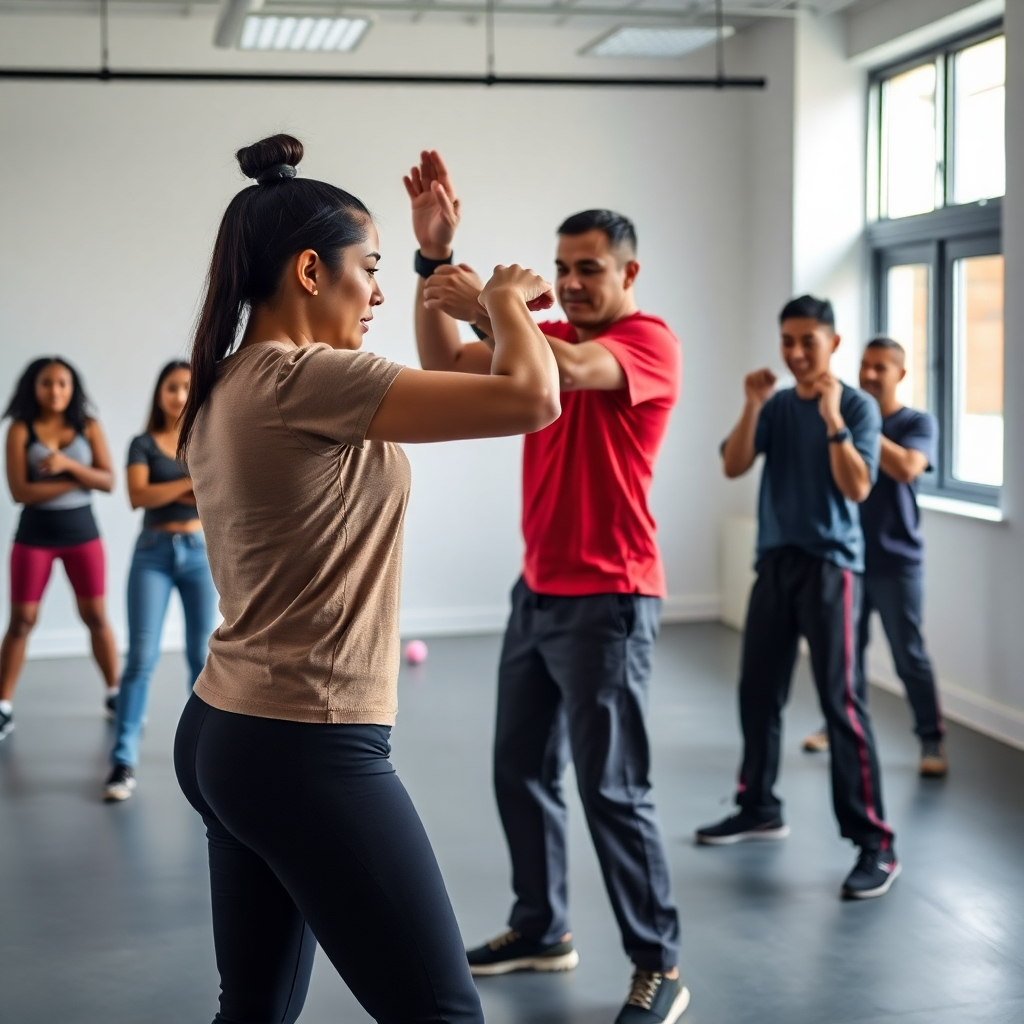 Create a photorealistic image of a self-defense class in session. The class should include a diverse group of people, and the instructor should be demonstrating a technique. The setting should be a clean and well-lit training space. The image should convey a sense of community and empowerment. Technical specs: 4K resolution.