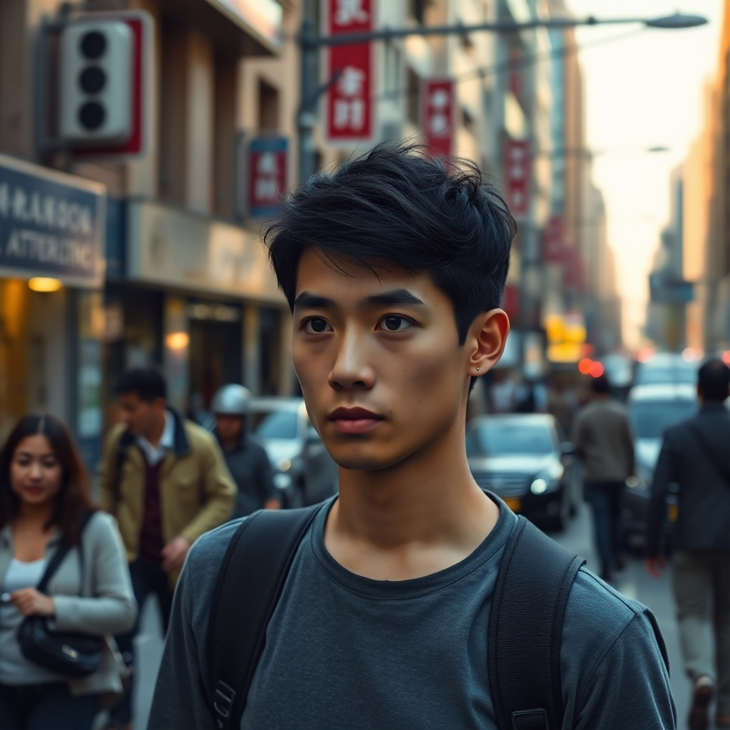 Create a photorealistic image showing a person walking down a busy street, subtly observing their surroundings. The scene should include various details, such as other pedestrians, vehicles, and potential hazards. Focus on the person's eyes and posture, conveying alertness and awareness. The lighting should be natural and realistic, reflecting the time of day. The image should communicate the importance of paying attention to your environment. Technical specs: 4K resolution, high quality detail.