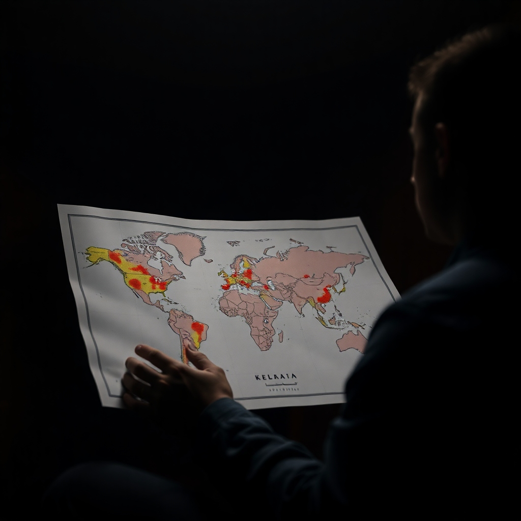 Create a photorealistic image showing a person analyzing a map in a dimly lit room. The map should highlight areas of high and low risk. The lighting should be focused on the map, creating a sense of intrigue and analysis. The scene should convey the importance of careful planning and risk assessment. Technical specs: 4K resolution, focus on atmospheric lighting.
