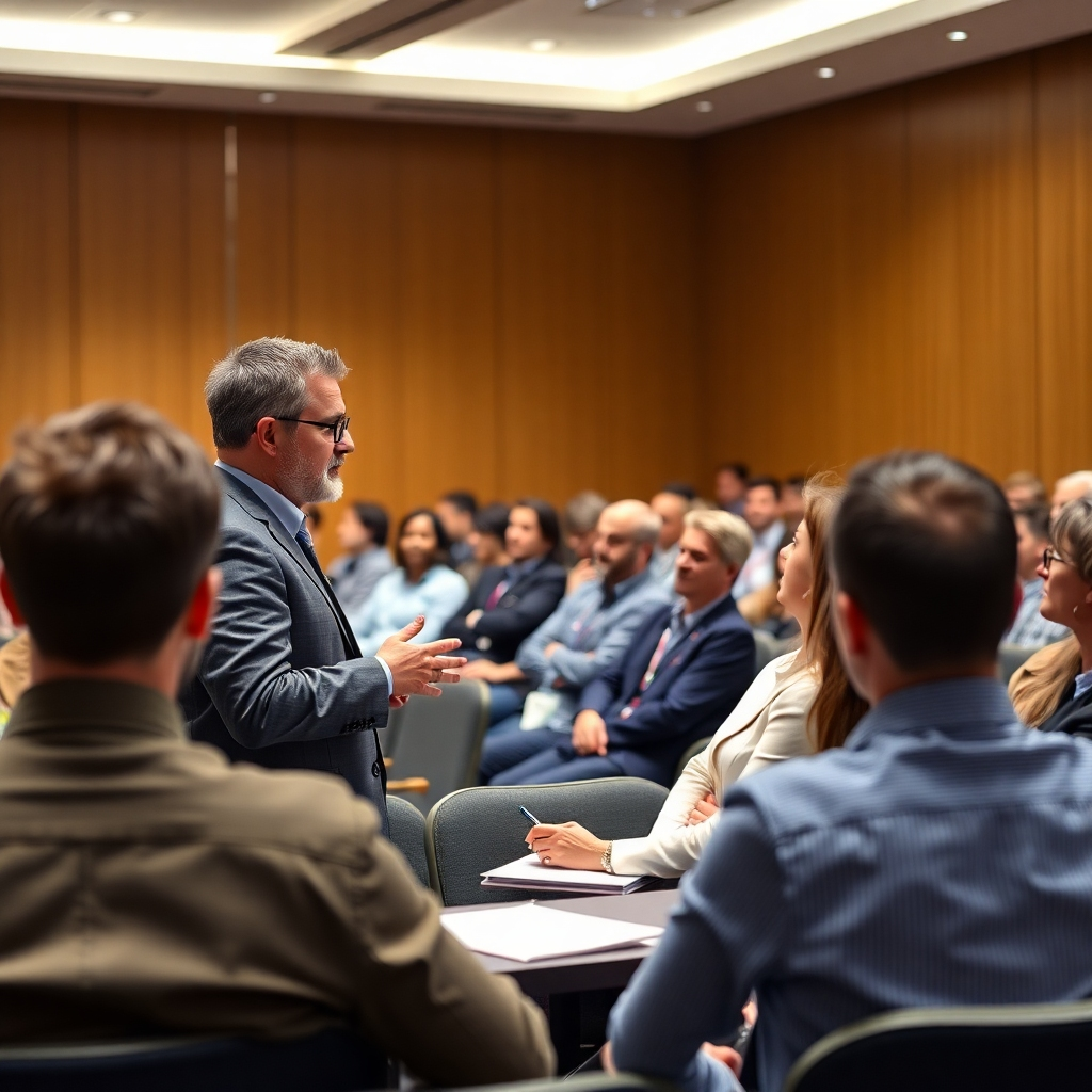 Create a photorealistic image of a personal safety seminar. The speaker should be engaging and informative, and the audience should be attentive and interested. The setting should be a professional conference room or auditorium. The image should convey the importance of learning and preparation. Technical specs: 4K resolution.